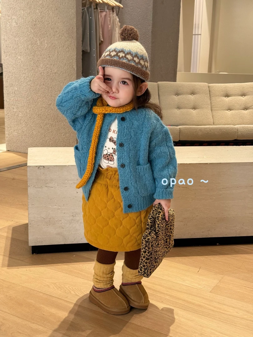OPao 秋冬 湖蓝加厚开衫毛衣/加棉灯芯绒小裙子女童上衣