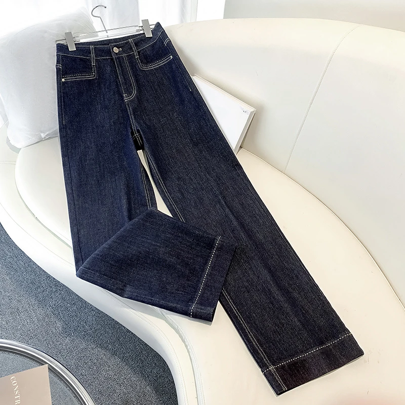 拉夏贝尔丹宁蓝阔腿牛仔裤女春夏季2025新款高腰垂感窄版直筒裤