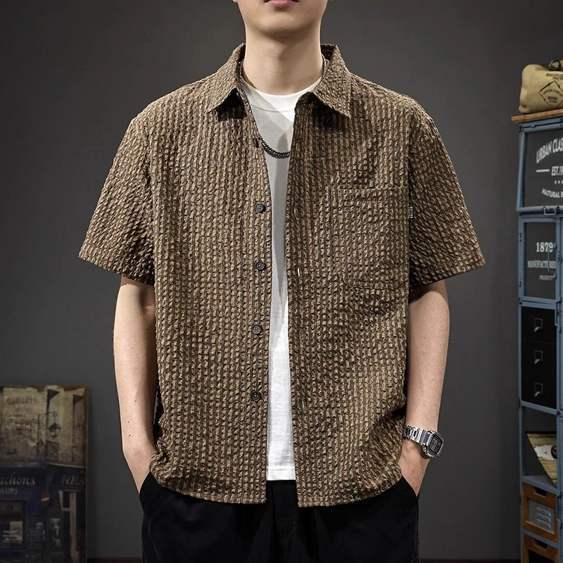 姆尔丘顿MERCUTON夏季新款肌理感翻领短袖衬衫男美式潮流宽松体恤