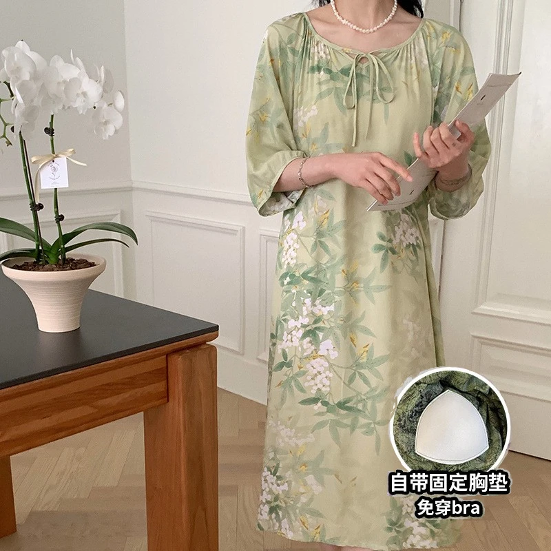 【带胸垫防凸点】绵绸睡裙女夏天棉绸睡衣人造棉爆款女大学生睡衣