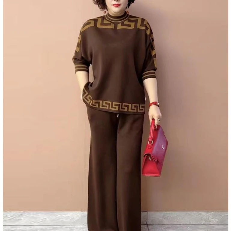 809原版高品质时髦春秋套装妈妈气场阔太太装大码针织上衣两件套