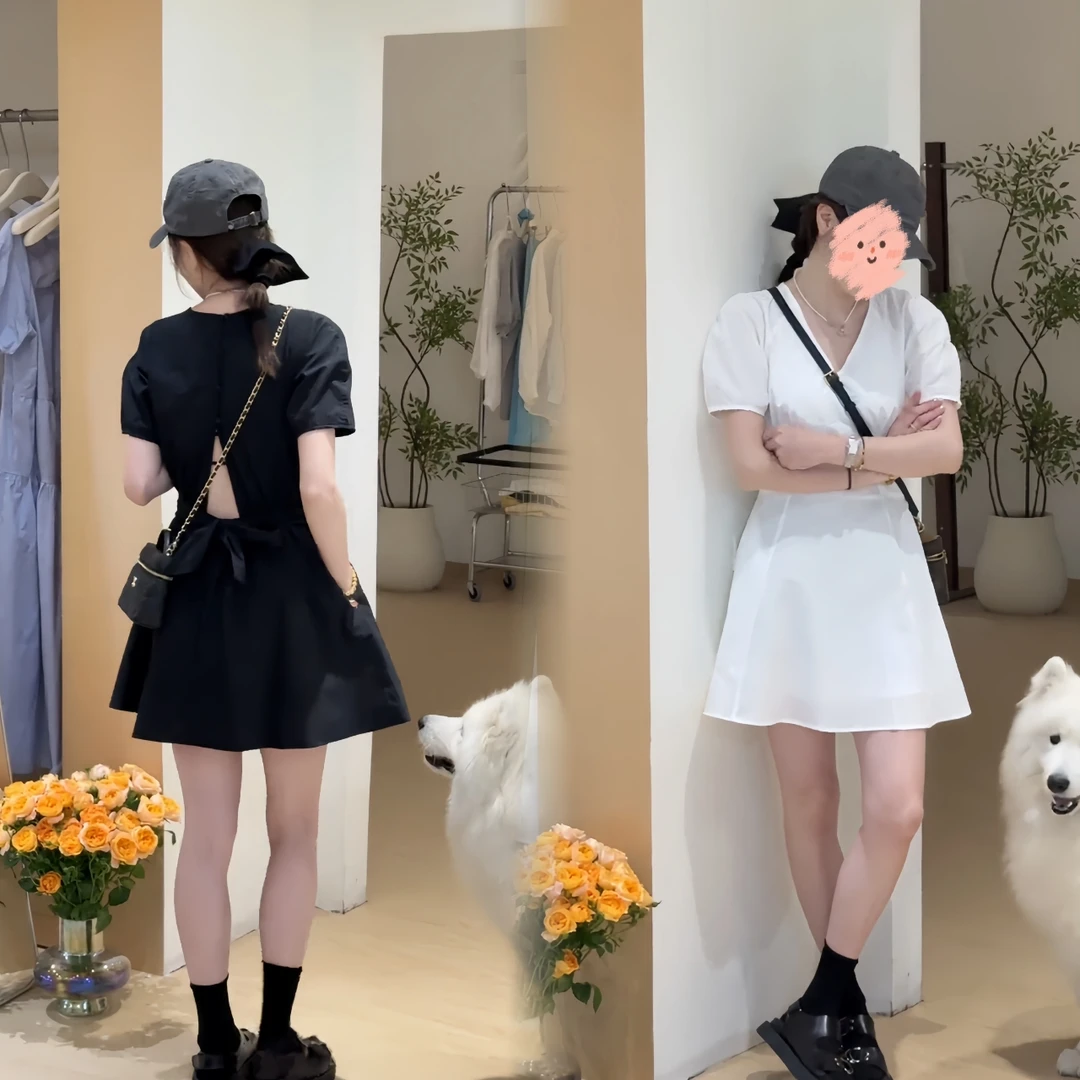 法式温柔风气质V领短袖连衣裙女夏季小个子时尚休闲收腰显瘦短裙