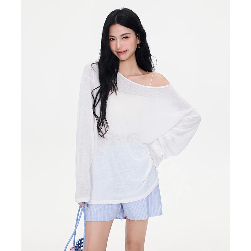 纪衣恋白色斜肩上衣女2025秋冬新款罩衫运动跳舞露肩防晒显瘦t恤
