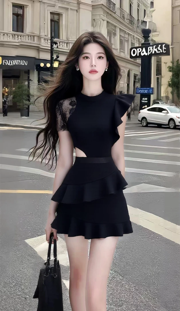 温柔知性风黑色圆领别致设计感收腰镂空连衣裙优雅时尚高级氛围感