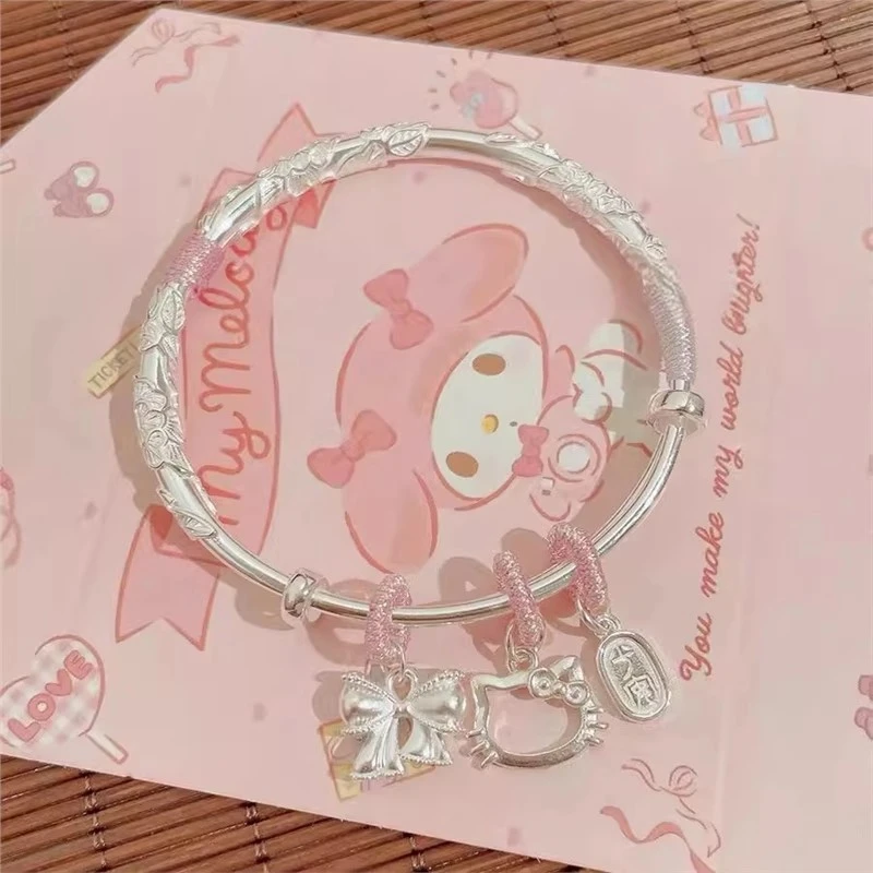 足银手镯 繁花纯银手镯女999.9足银镯子Kitty猫年轻款送女友闺蜜i