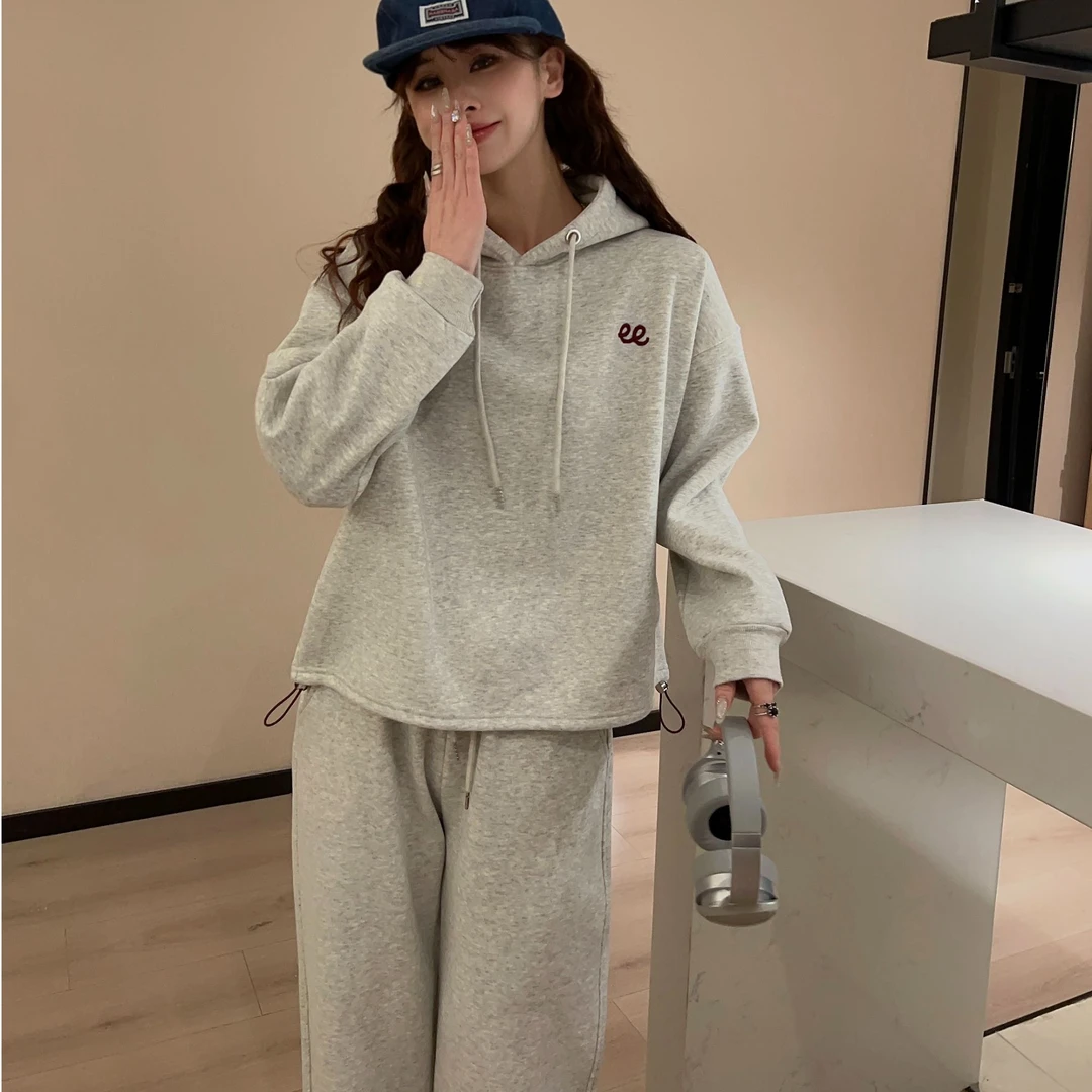 T080冬季韩版ee加绒休闲时尚刺绣字母宽松连帽运动套装24-219