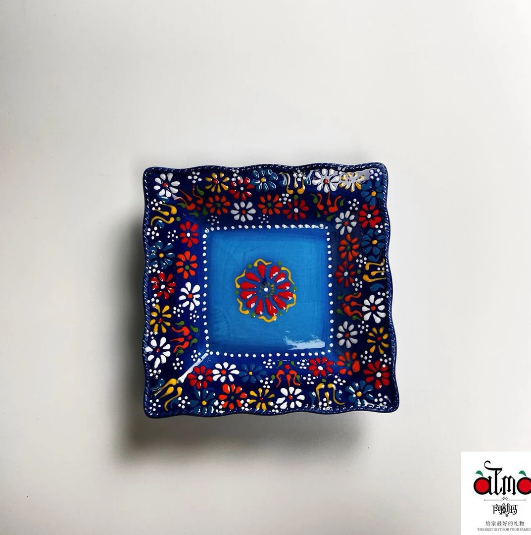 阿勒玛 蓝贵夫人】手绘盘釉下彩，8寸四方盘，拍一发四