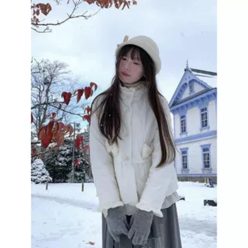 罐头士多所 日系少女感可爱蝴蝶结花苞3M新雪丽棉服保暖短外套