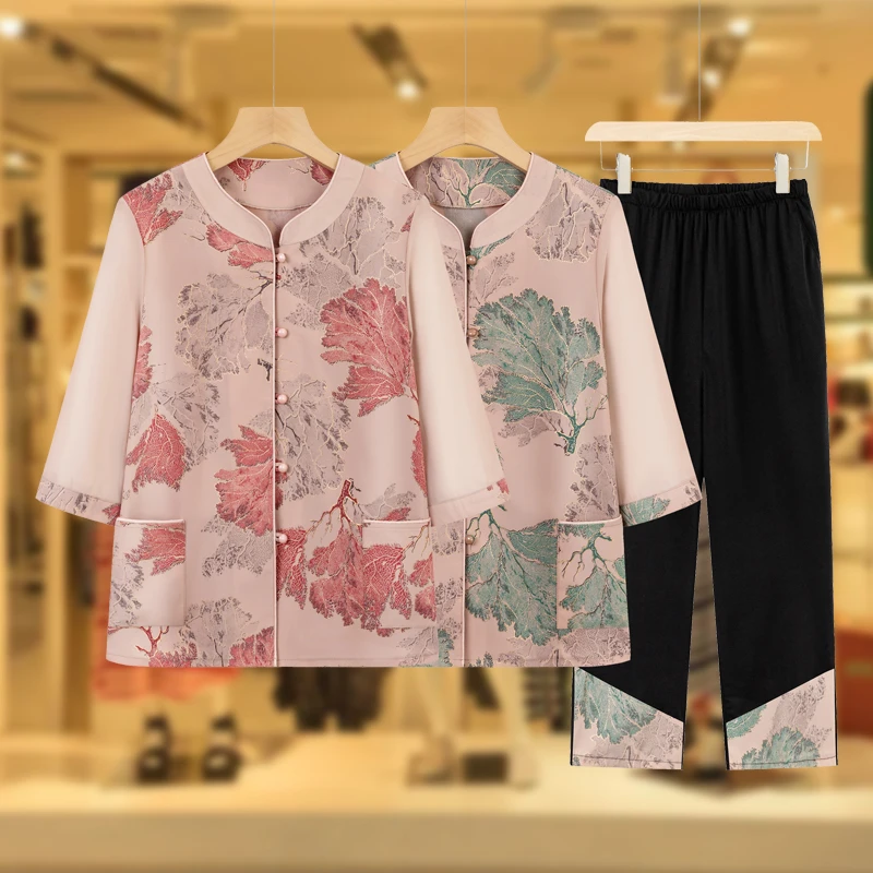 奶奶夏装套装女中老年人洋气衬衫女妈妈新中式上衣老人春夏两件套