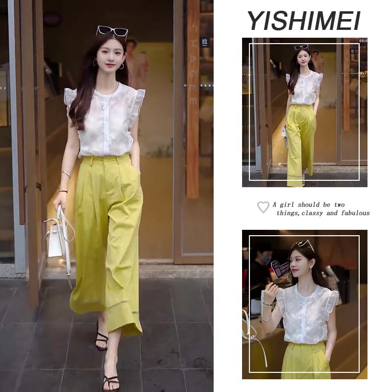今年流行一整套2025夏季新款小飞袖上衣高腰显瘦休闲裤套装