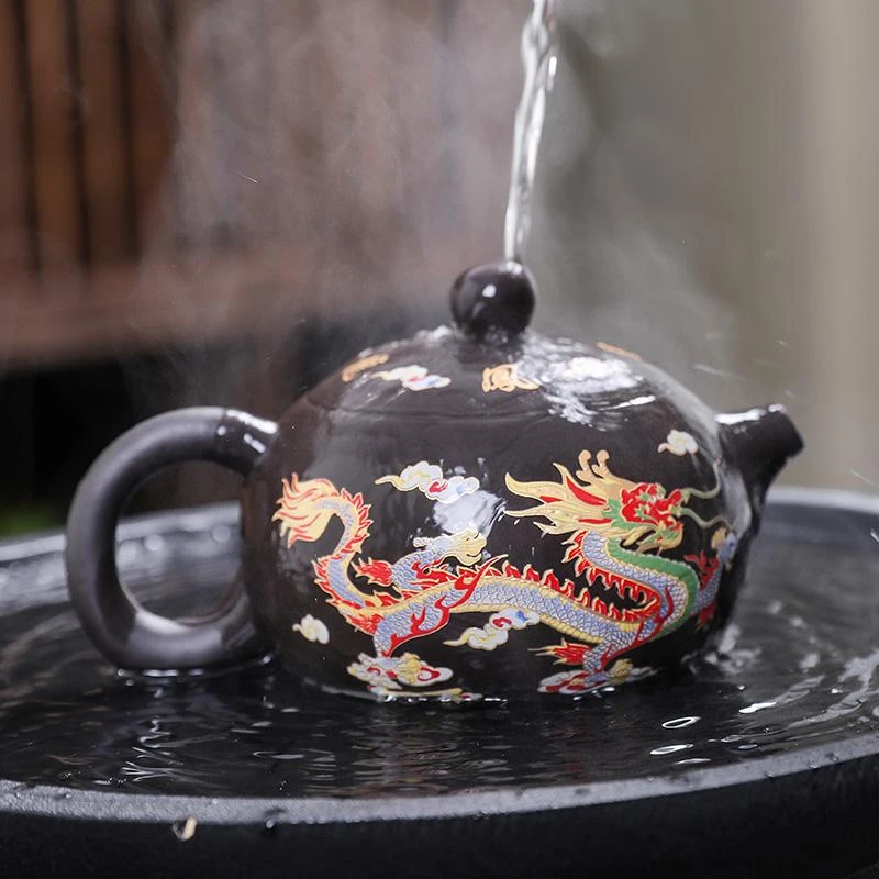 紫砂原矿紫泥西施壶变色龙凤（一壶+变色龙杯+3个客杯）5件套