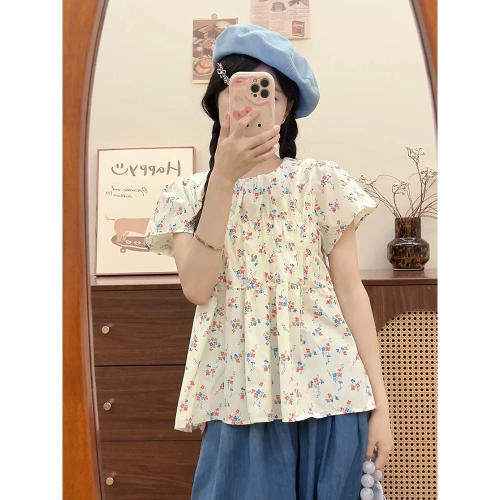 甜美温柔风碎花衬衫恤短袖女新款可爱娃娃衫宽松小众设计感上睡衣