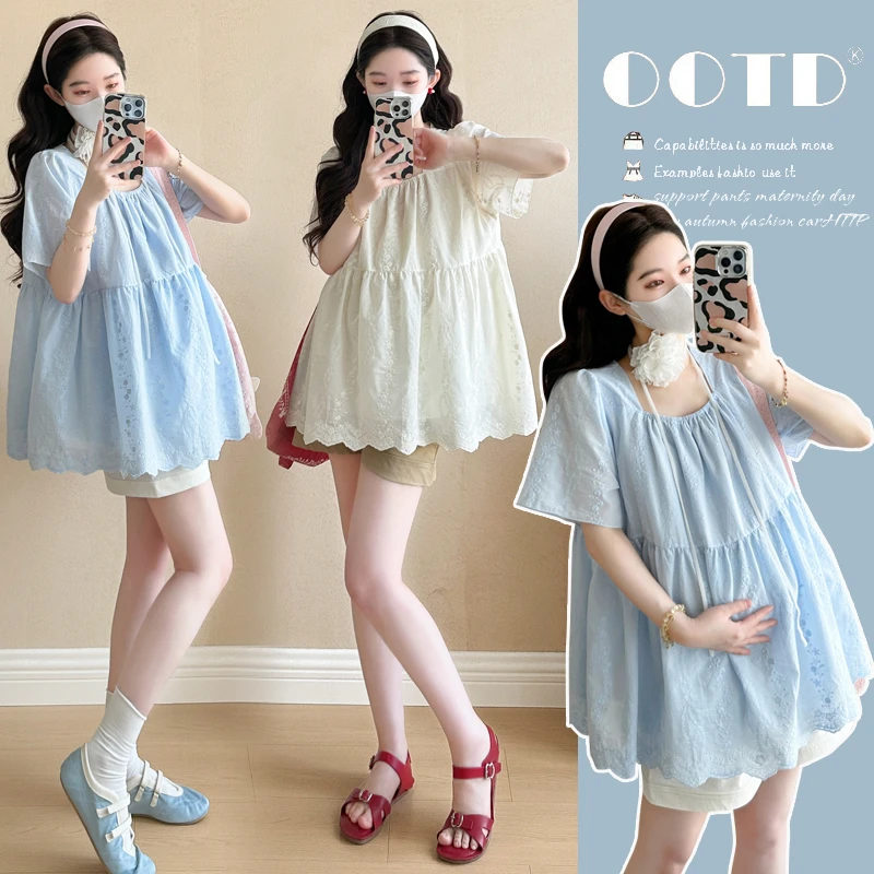 【晴晴】孕妇上衣夏季2025新款时尚百搭减龄蕾丝刺绣娃娃衫孕妇夏装