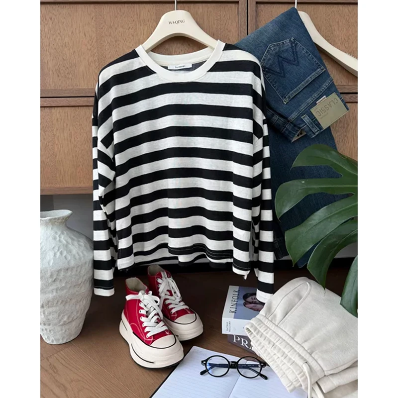 【丹姐家~奥利奥条纹棉T】韩系撞色简约条纹长袖t