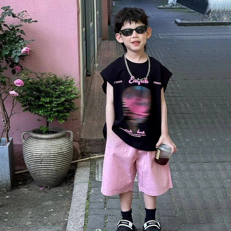 男童夏装背心套装2025新款儿童中大童休闲无袖男孩帅气T恤两件套