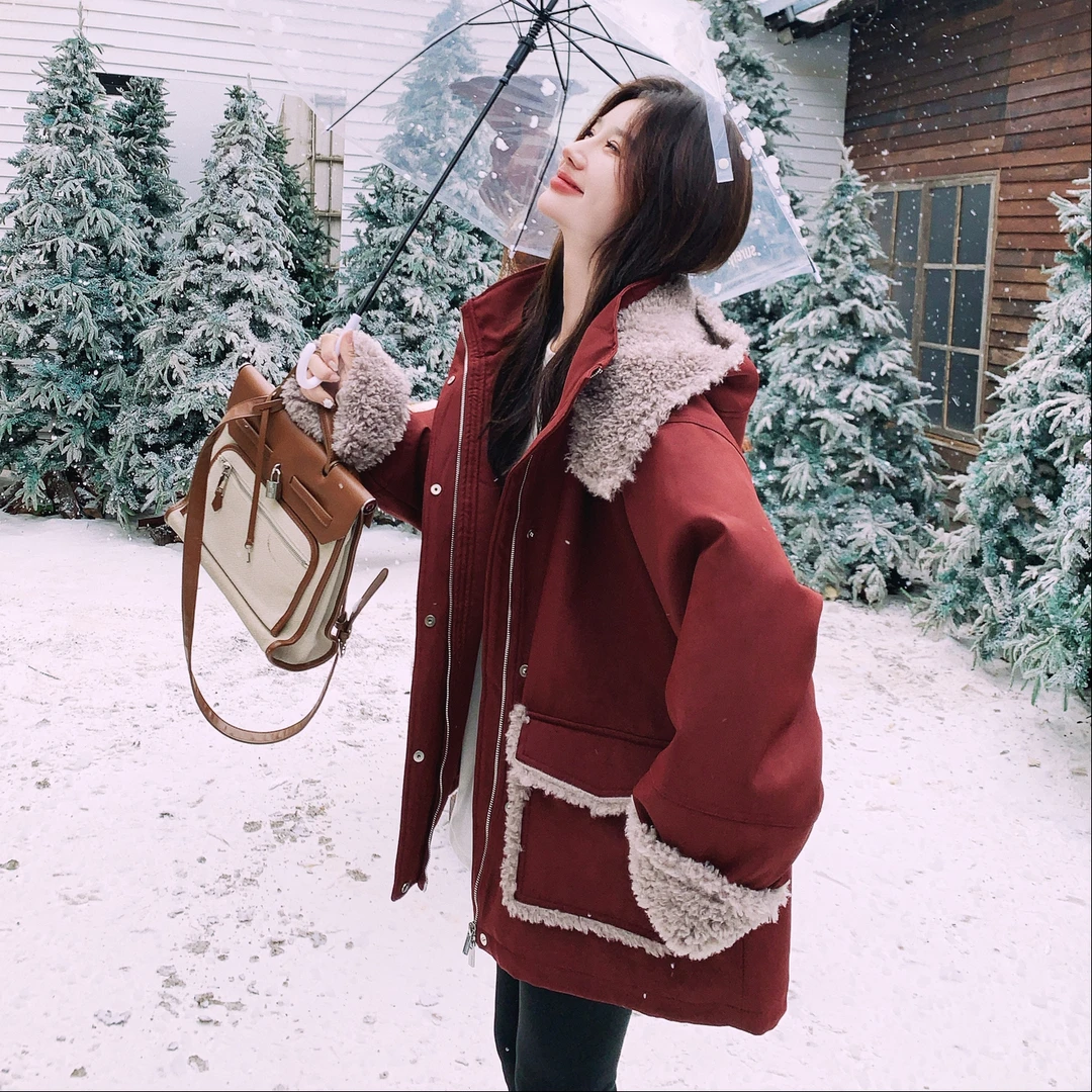 复古红色羊羔毛拼接夹棉外套女2025冬季新款小个子中长款洋气棉袄