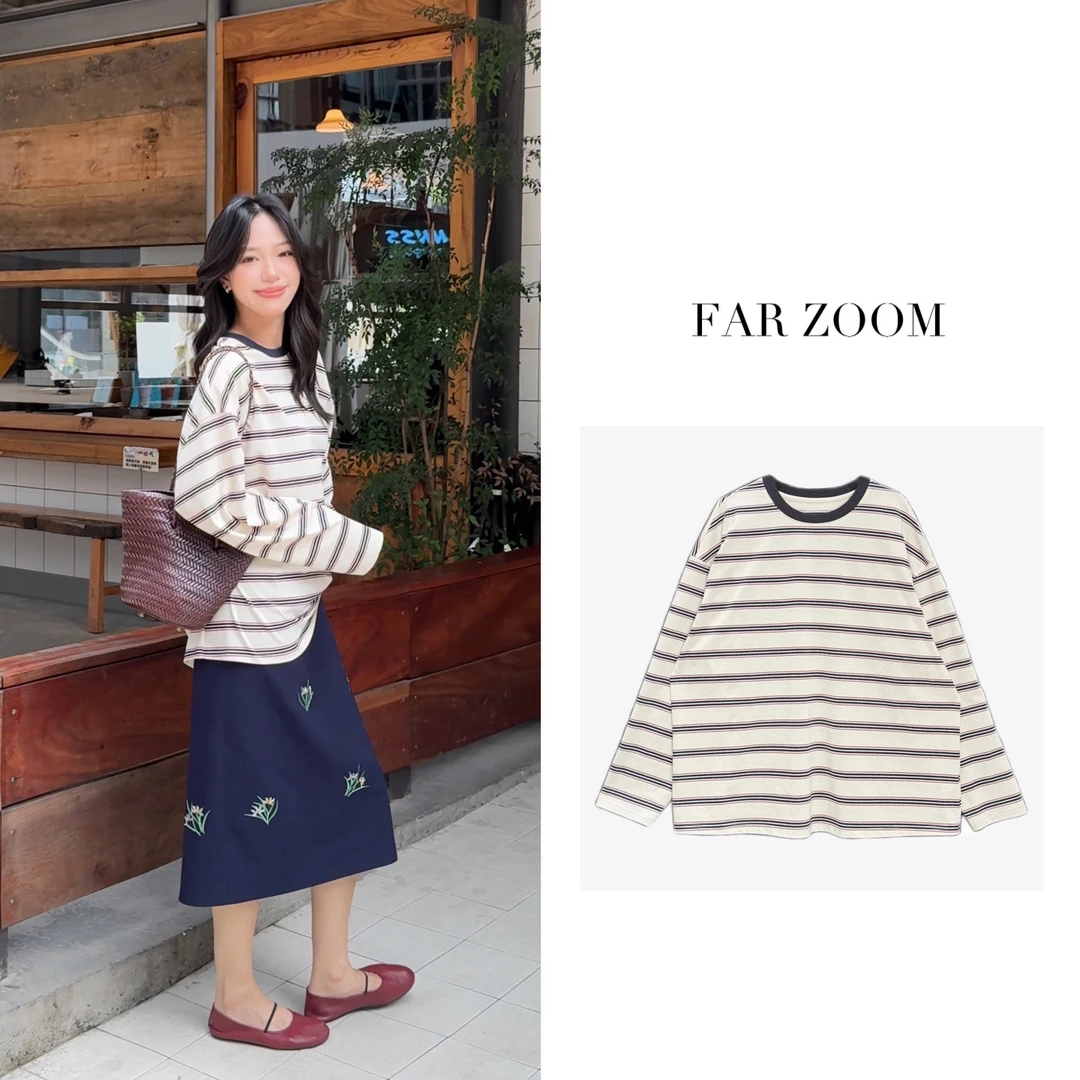 FAR ZOOM 藏青条纹显瘦阔版宽松卫衣