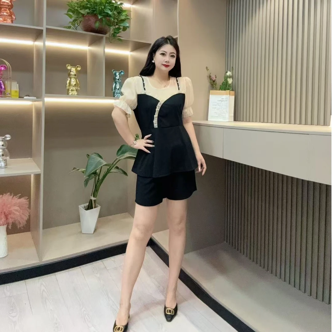 夏季套装-檬 3078珠珠肩带菲边时尚潮流拼接显瘦胖MM大码女装新款