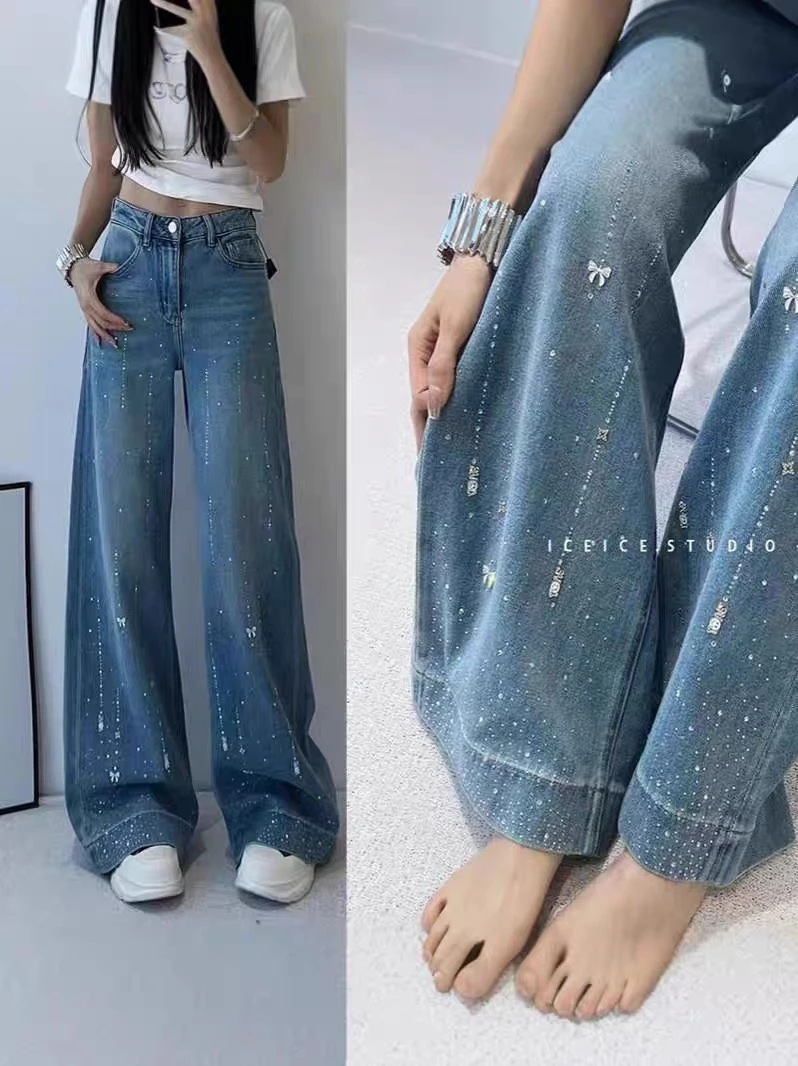 欧货2025春季新款水钻轻奢定制渐变水洗阔腿高品质牛仔裤拖地裤潮