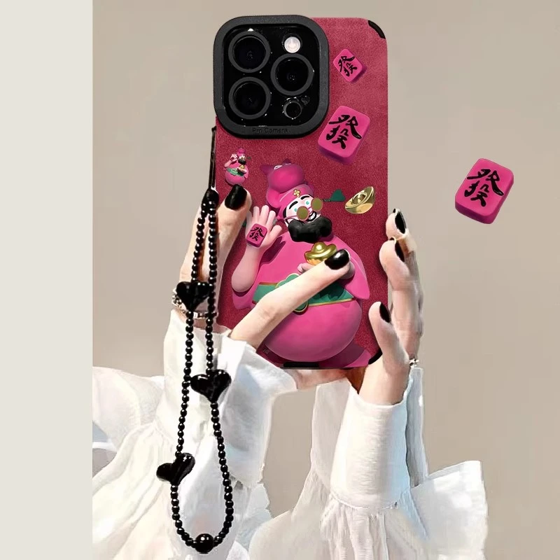 多巴胺财神手链适用苹果16手机壳新年女款红色翻毛皮硅胶全包防摔