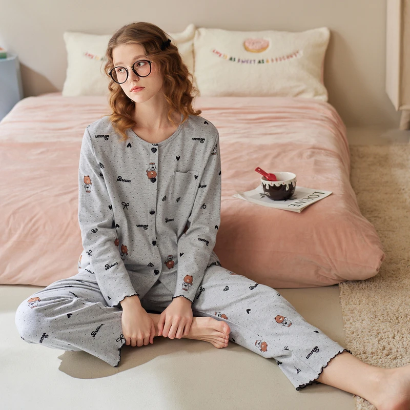 芬腾大码睡衣女春秋季纯棉长袖套装抗静电卡通可爱布朗熊家居服