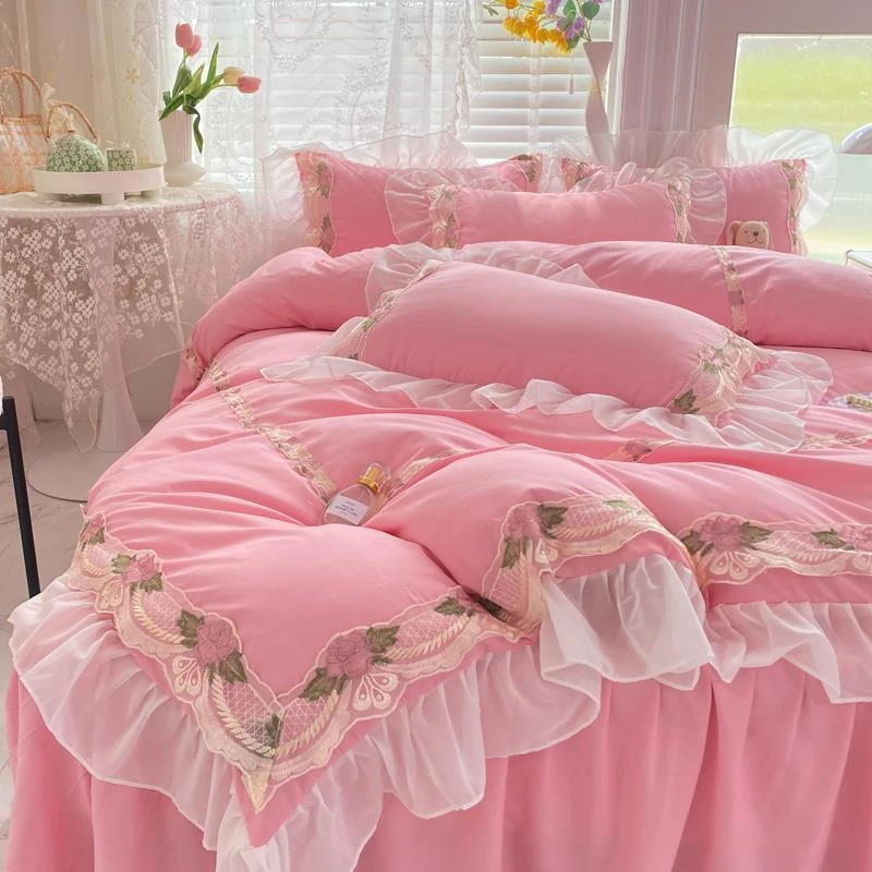 网红公主风床裙四件套少女心刺绣蕾丝花边被套床单床罩床上用品女