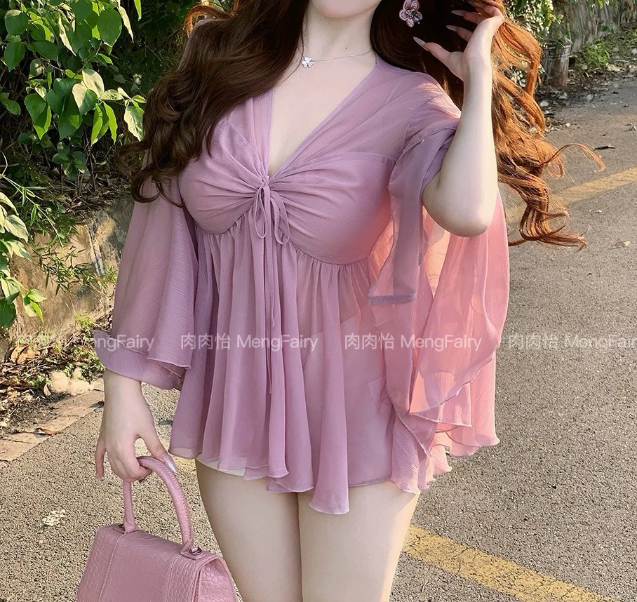 大码女装9920法式绝美粉色V领雪纺衬衫独特漂亮小衫设计感纯欲