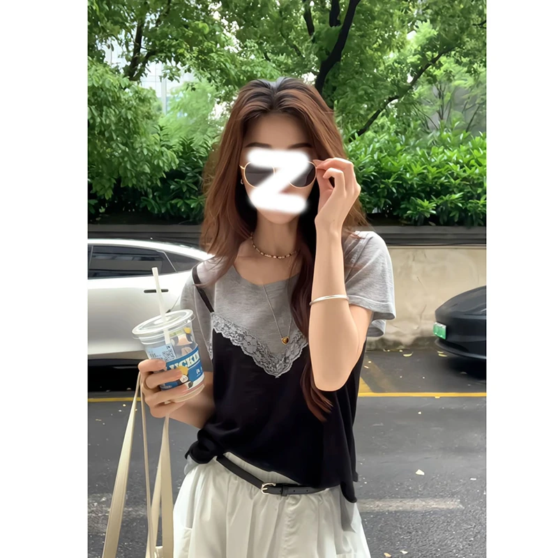 美式假两件短袖灰色正肩T恤女夏季2025年新款蕾丝拼接小众ins上衣