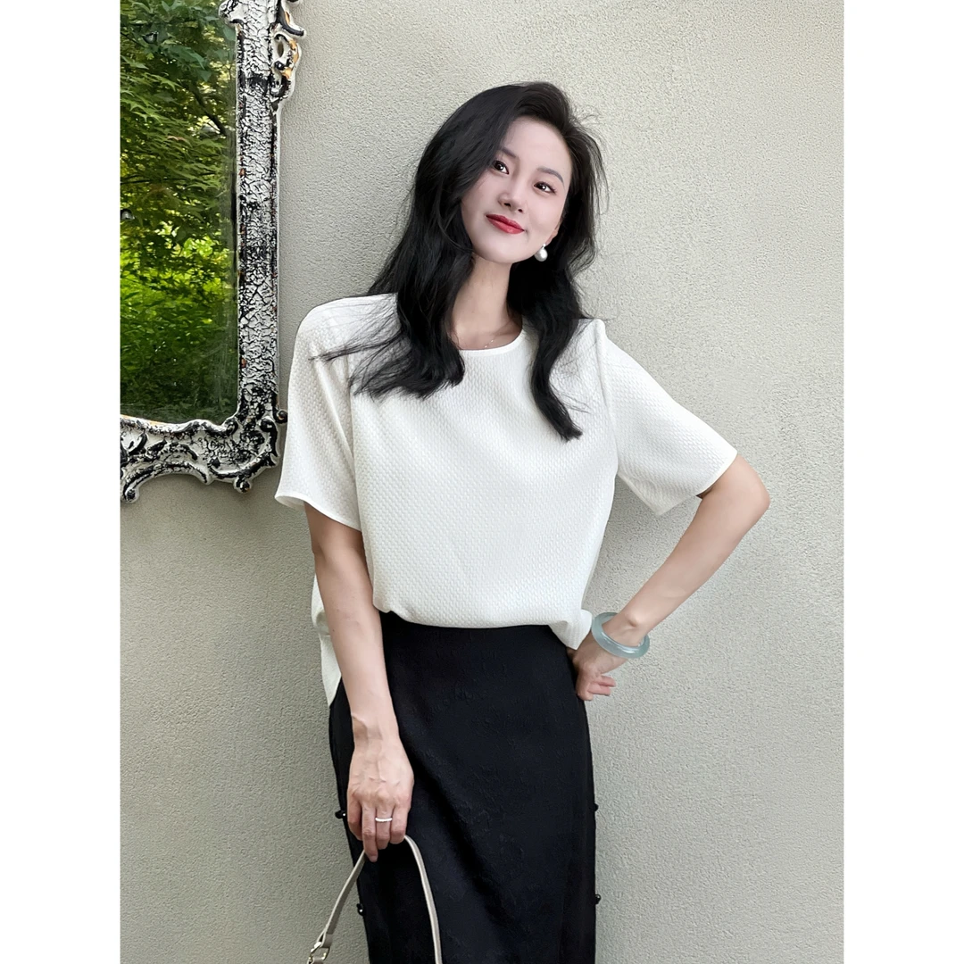 LS·ST 冠乐绉 高级简约显瘦真丝短袖 6A级桑蚕丝短袖上衣S7115-1