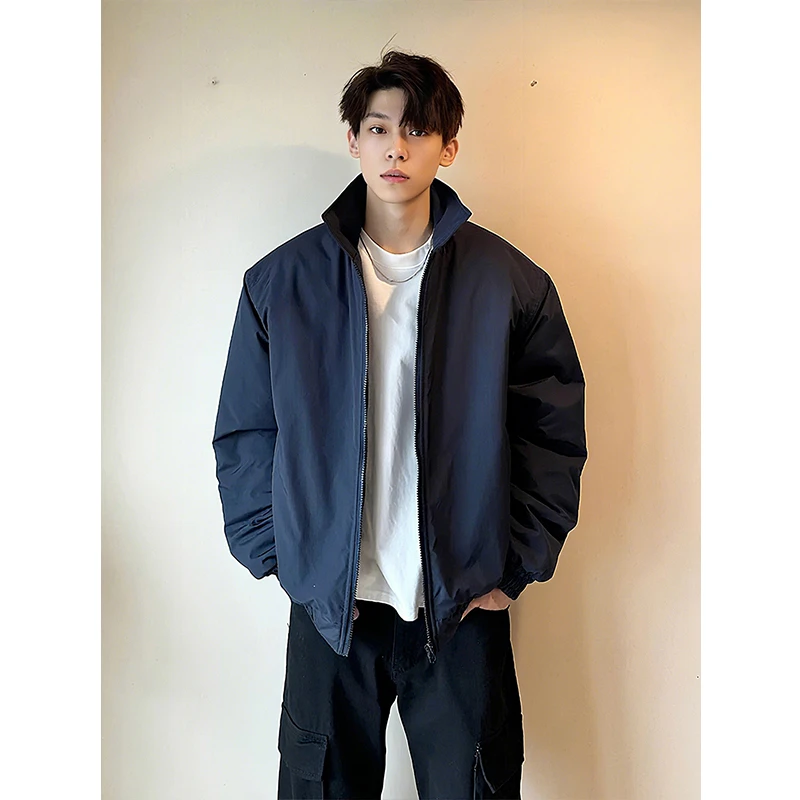 藏青色显壮宽肩棉衣男款冬季加厚保暖百搭棉服小众简约翻领棒球服