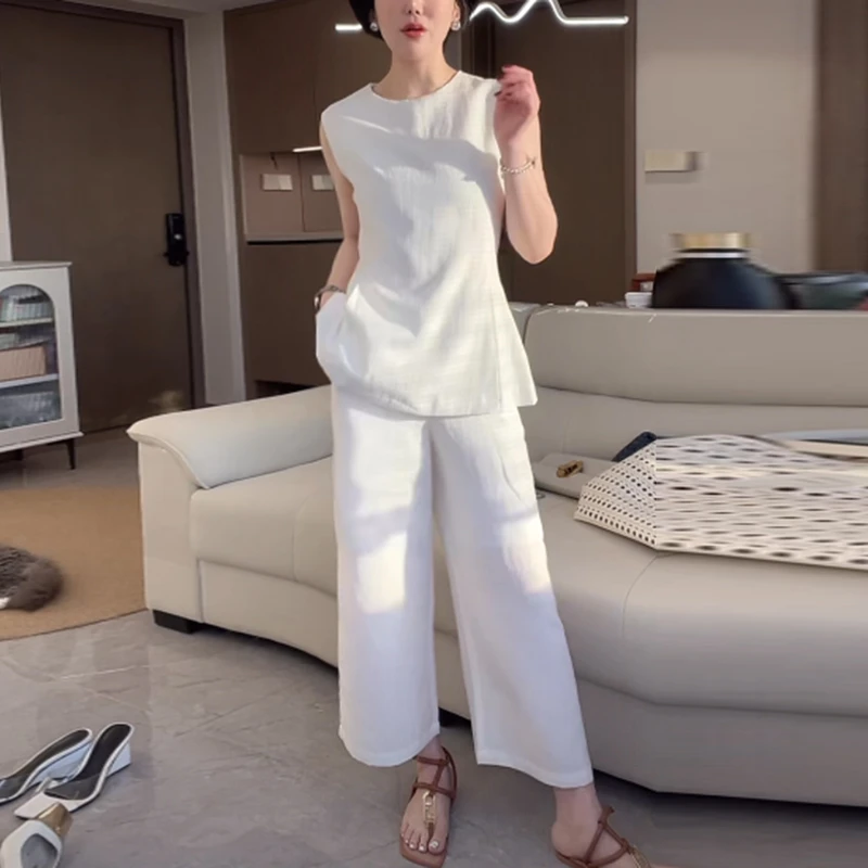 天丝亚麻套装女2025夏季简约上衣+裤子两件套无袖小衫修身九分裤