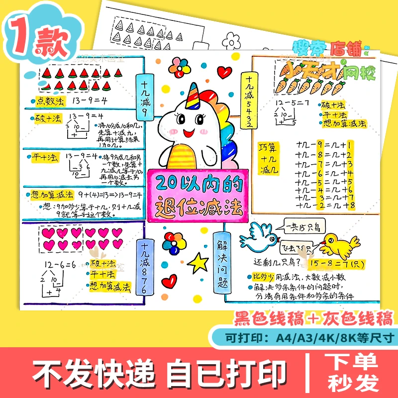 20以内退位减法一年级上册数学思维导图手抄报打印涂色读书卡e516