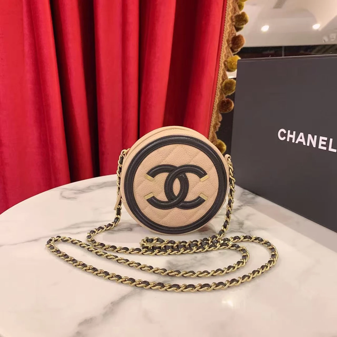 95新 Chanel/香奈儿 GGSVanity圆饼奶茶色拼扣荔枝牛皮31619501