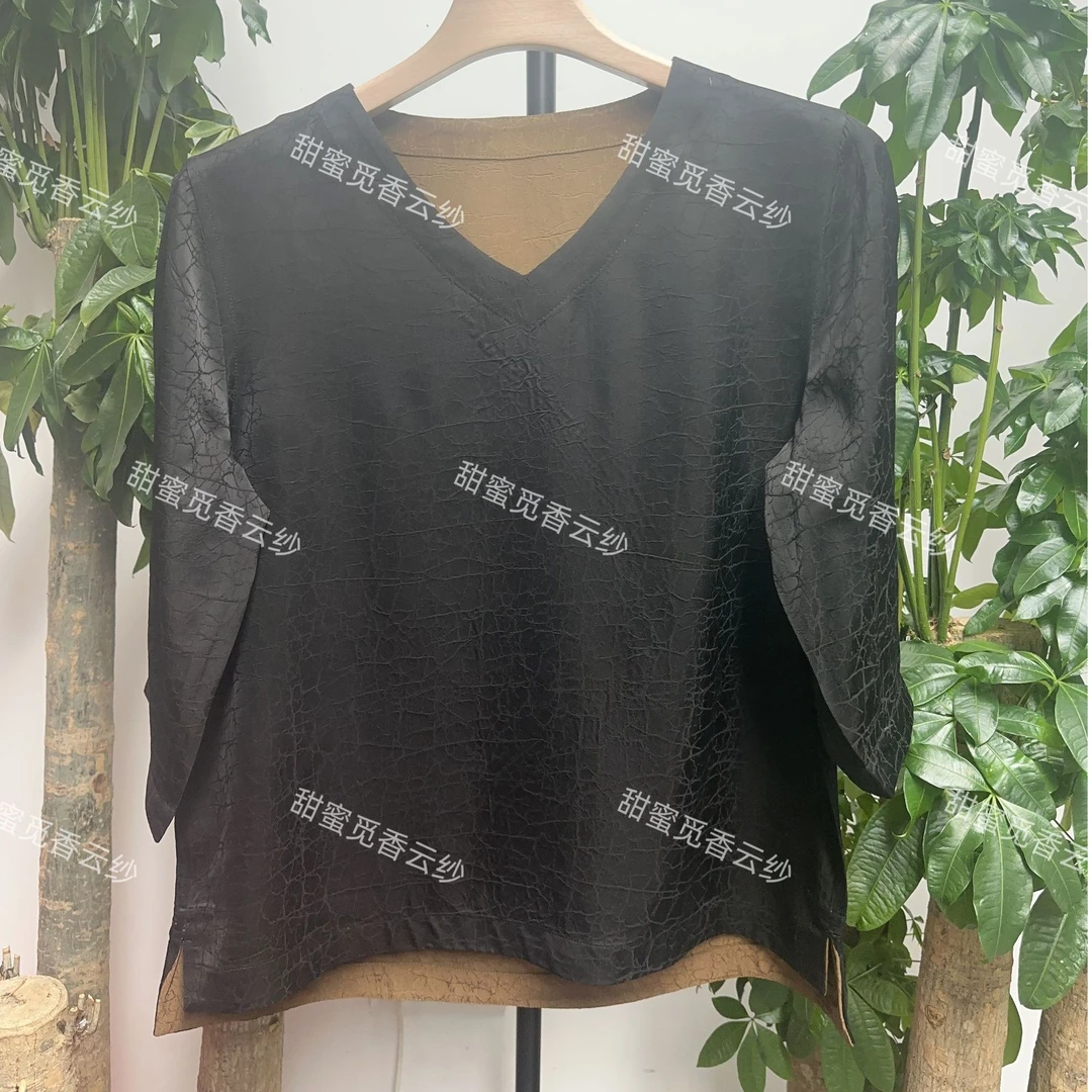 甜蜜觅】经典新款夏季中式V领双面穿中国风龟纹桑蚕丝上衣女短袖