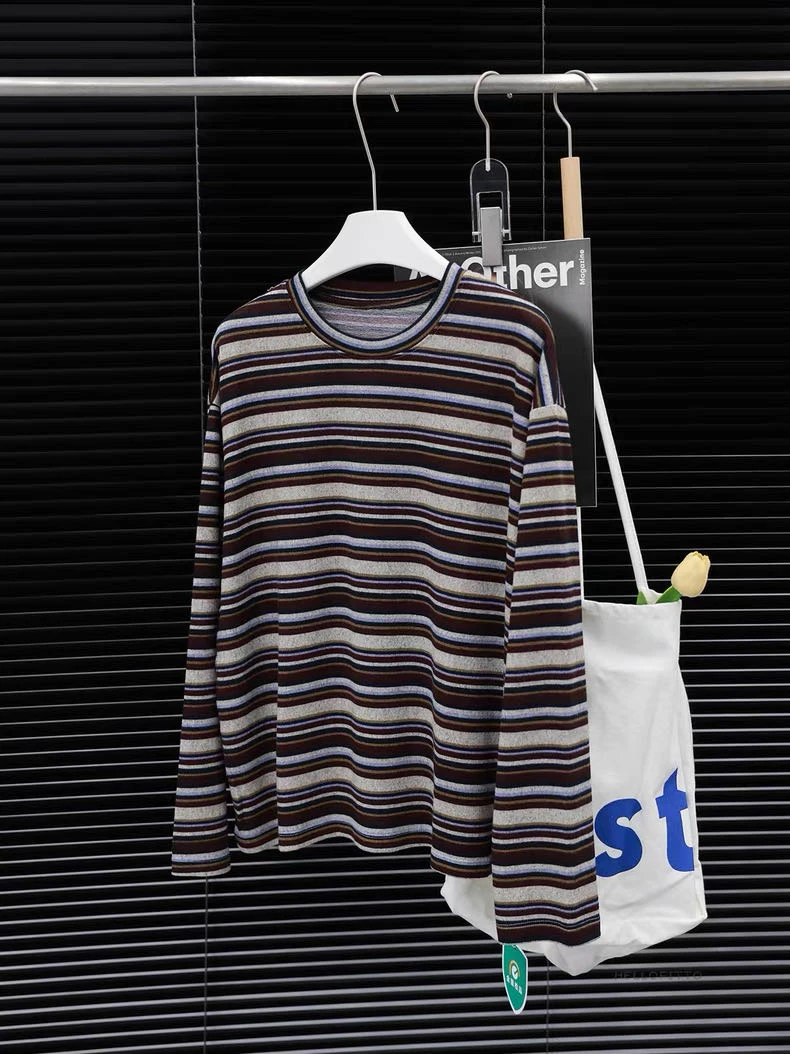 柔软彩色秋季宽松新款25年休闲百搭条纹T恤打底-0330