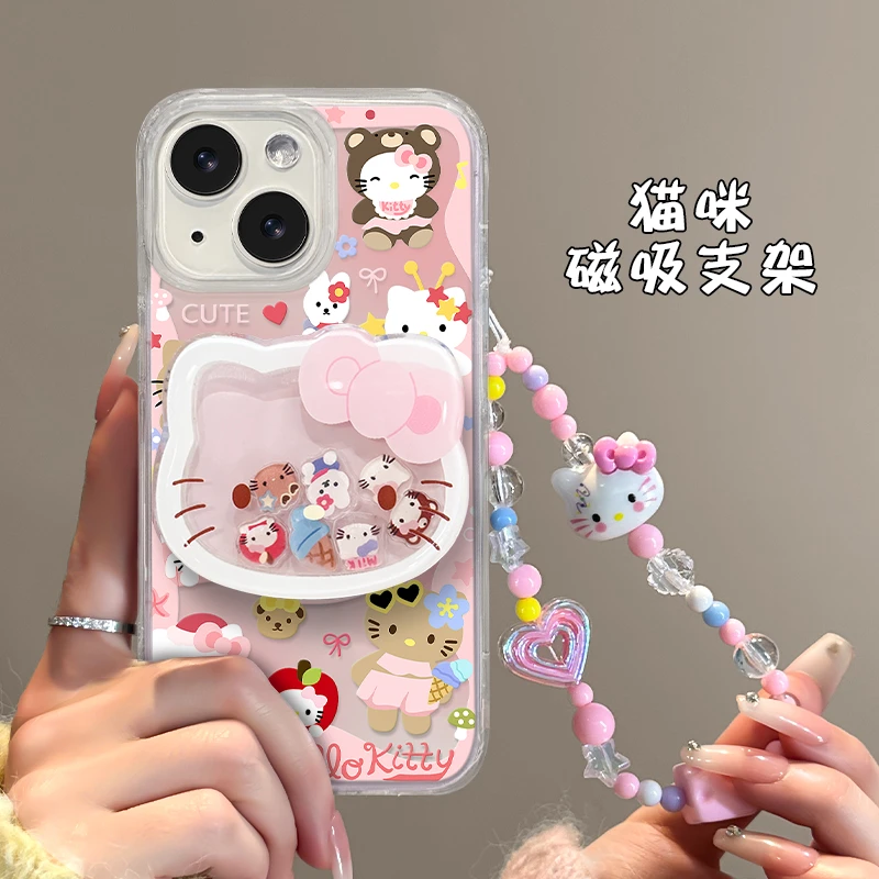 满屏KT猫链条适用苹果15promax/13磁吸支架iPhone16/14手机壳11