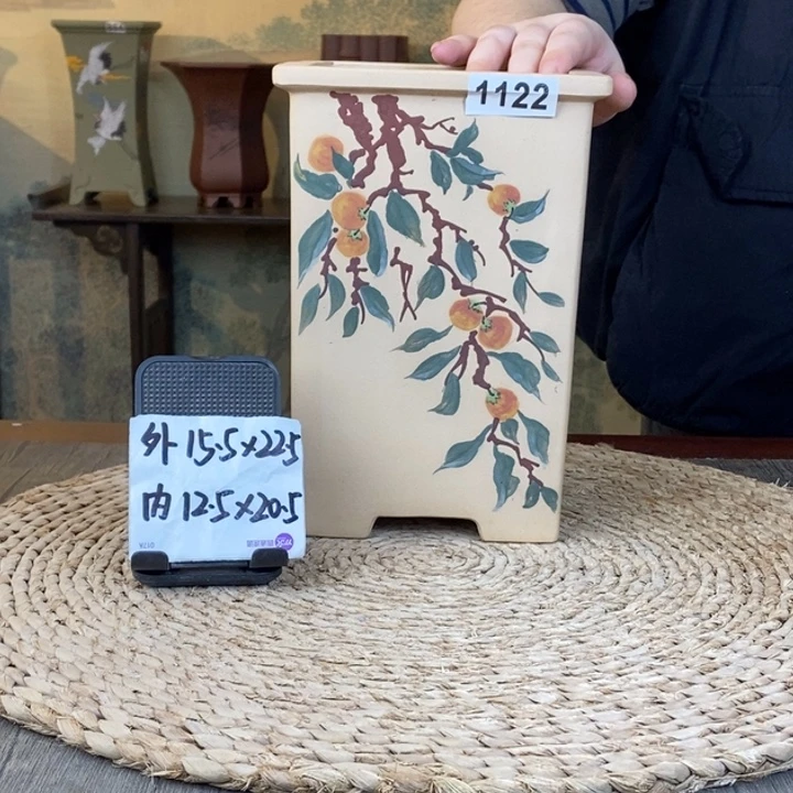 花盆紫砂  白玉段事事如意彩绘四方1122