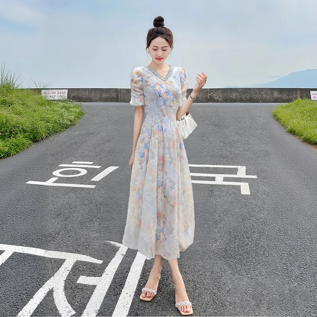 A【有里布】夏装长裙收腰新款高级夏季短袖法式气质绑带连衣裙D1525