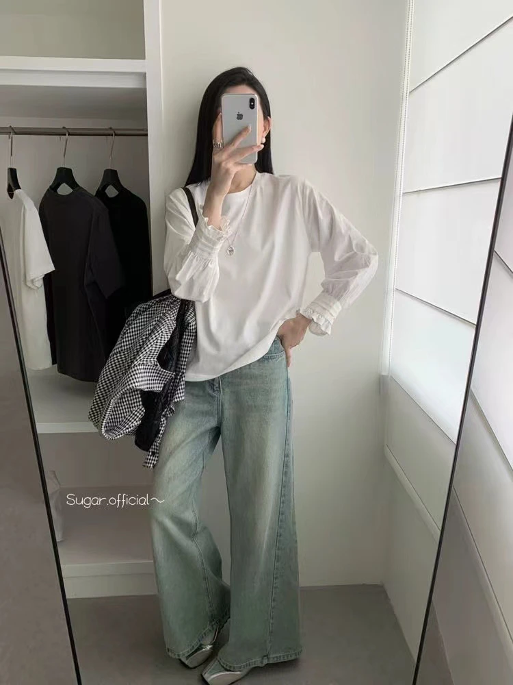 2001设计感拼接褶皱白t恤