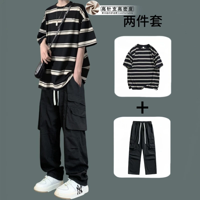 夏季条纹短袖男套装美式潮牌圆领T恤男士休闲t恤搭配工装裤两件套