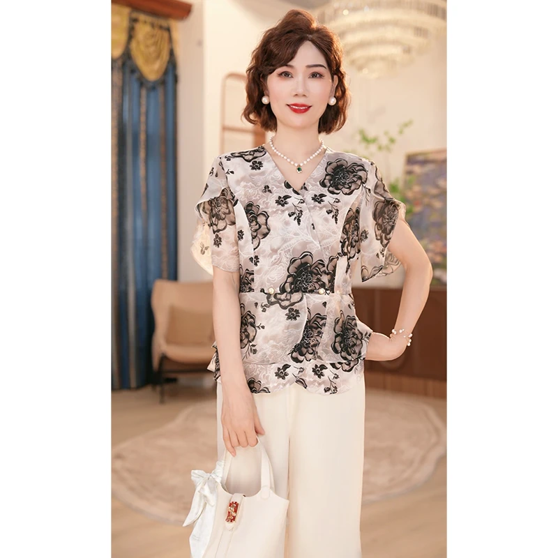 新款洋气中老年女装妈妈装两件套国风夏装新中式上衣服套装夏季