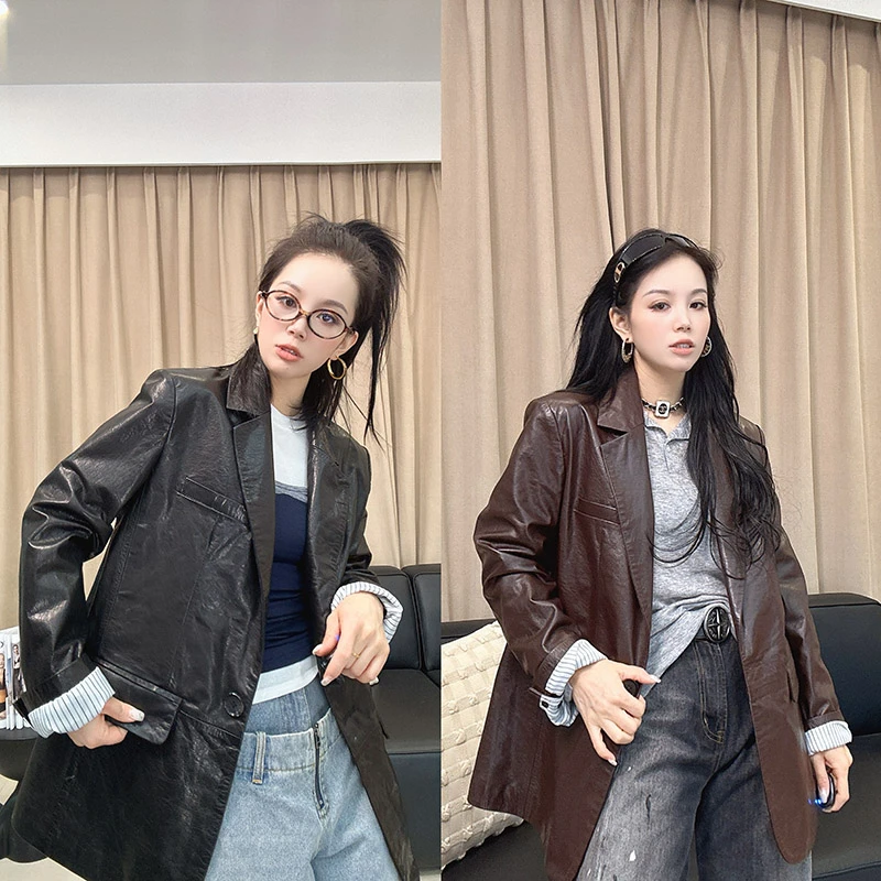 2025新款真皮皮衣女高级感绵羊皮中长百搭宽松设计感西装女士外套