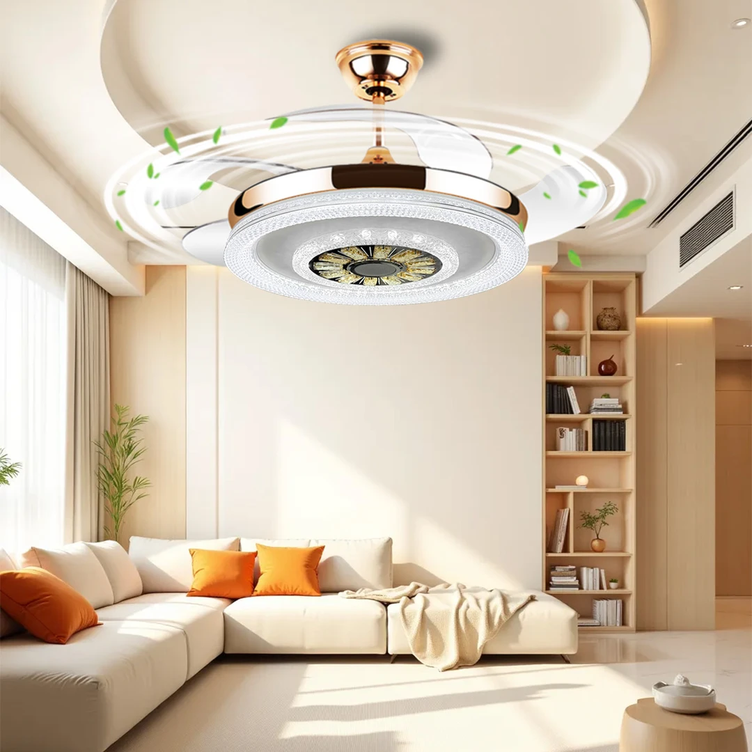 7128 水晶蓝牙音响款遥控智能语音隐形风扇灯吊扇灯家餐厅卧室