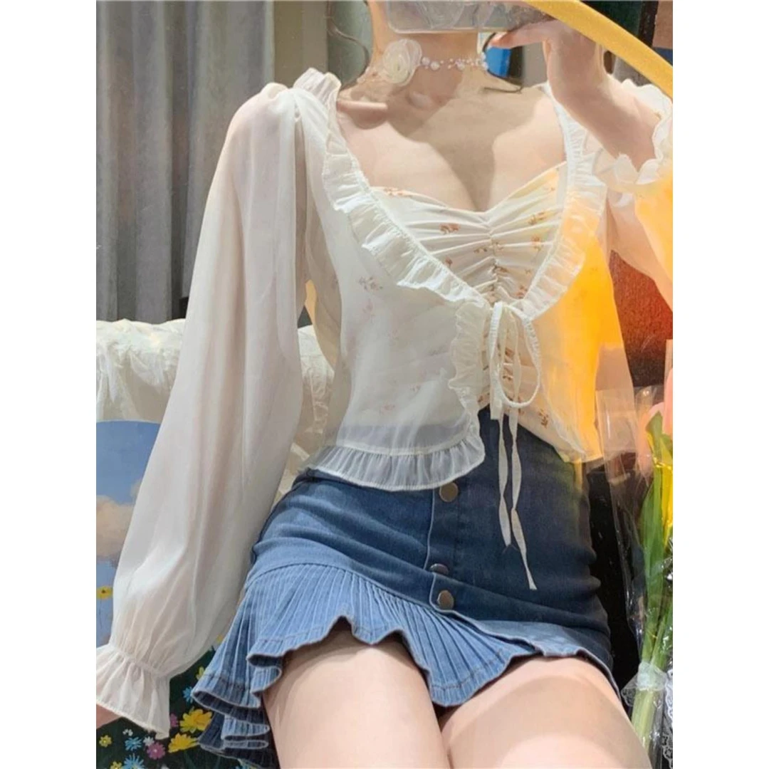 雪纺开衫衣夏季超仙女木耳边系带罩衫洋气披肩外套空调衫