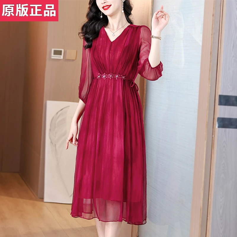2025新款女神范桑蚕丝超仙红色长裙高端阔太太奢华海边度假连衣裙