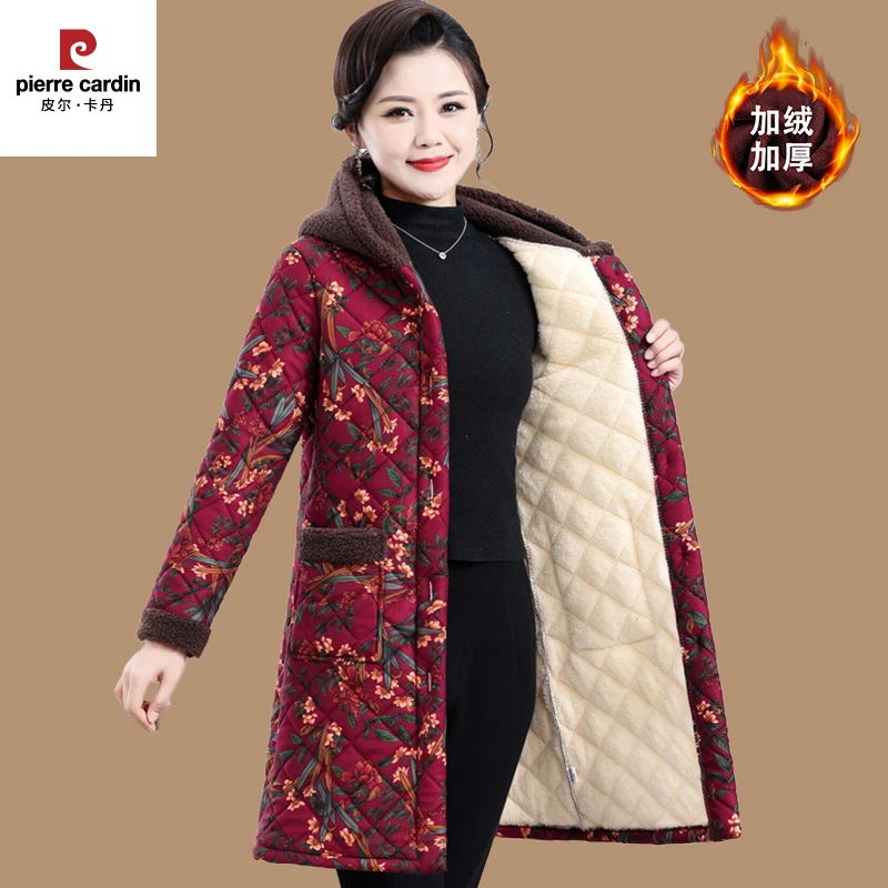 皮尔卡丹中老年棉衣女加绒加厚妈妈冬装棉服洋气保暖中长款翻领棉