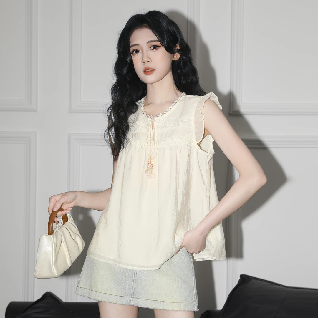 法式小飞袖衬衫女夏2025夏季新款设计感无袖娃娃衫衬衣遮肚子上衣