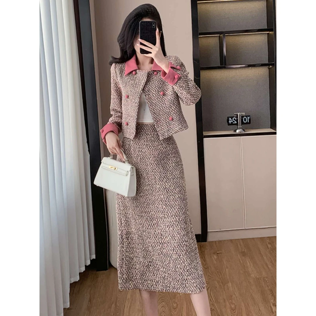 高级感翻领撞色小香风外套半身裙两件套女2025年秋季新款时尚套装