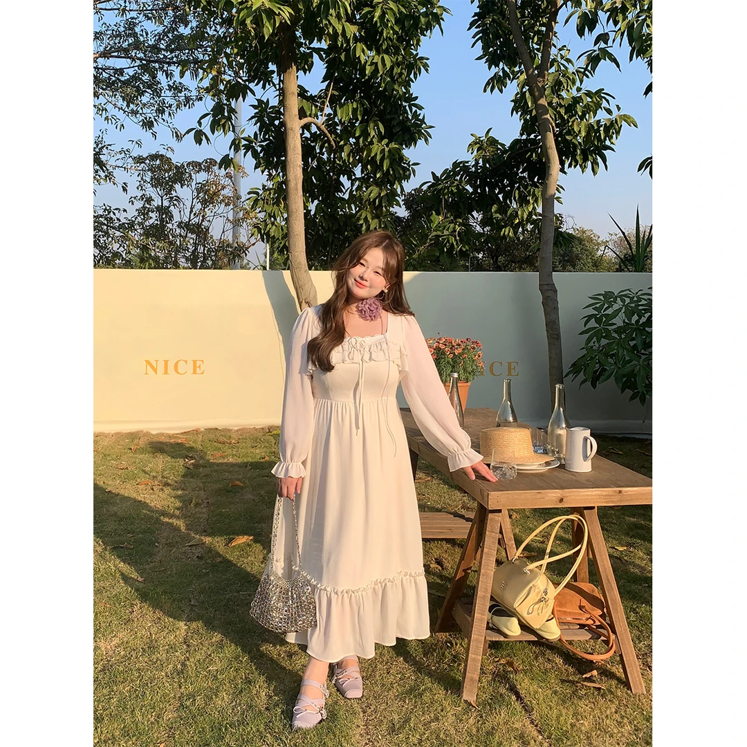 12徐达布【奶油派对】大码方领花边连衣裙女气质杏色长裙L29666C51