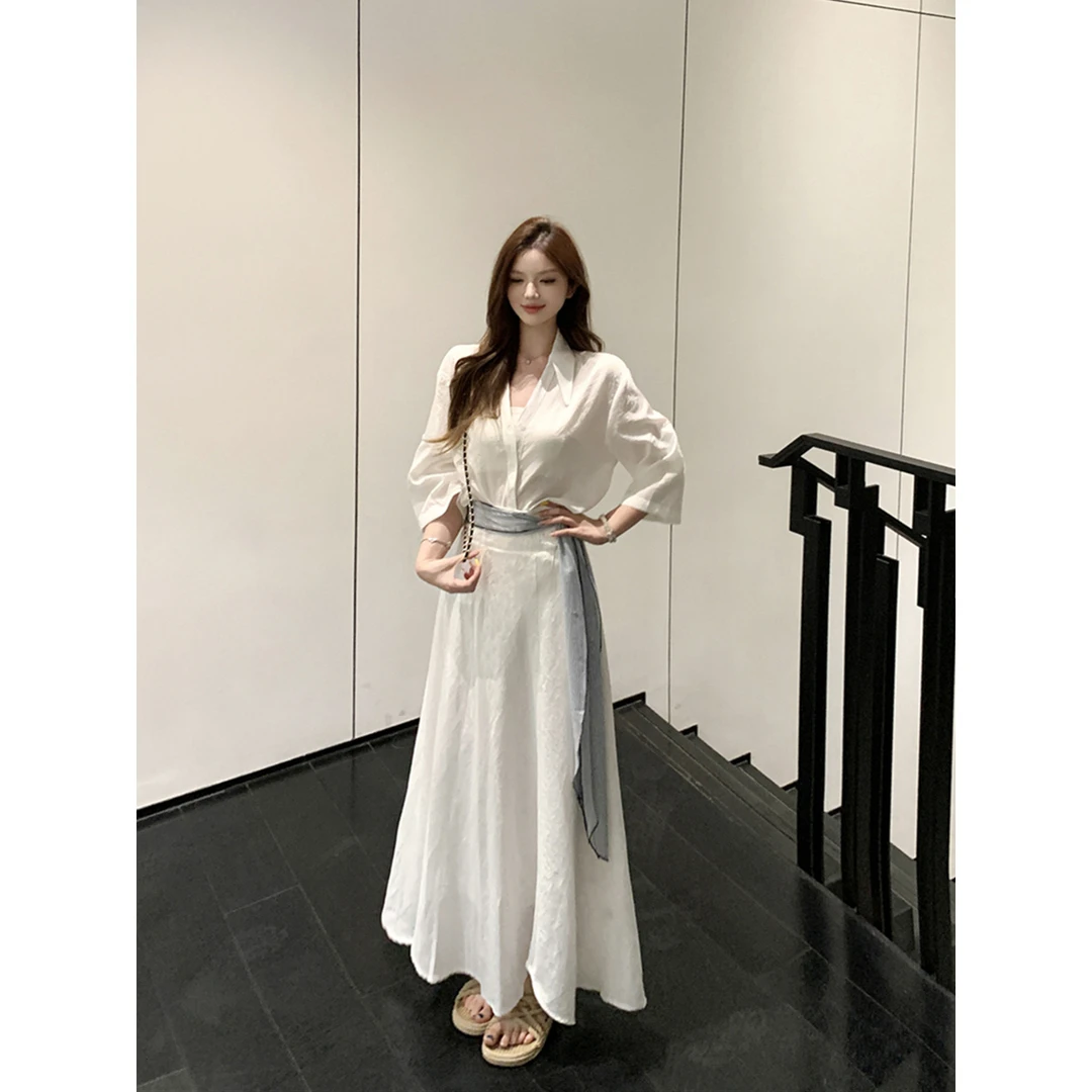 轻奢复古性感V领防晒衬衣衬衫+时尚套装高腰A字半身裙长裙网红款